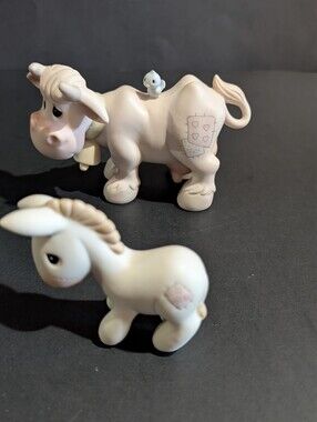 Precious Moments Cow and Donkey Porcelain Figurines Vtg 1981 Enesco